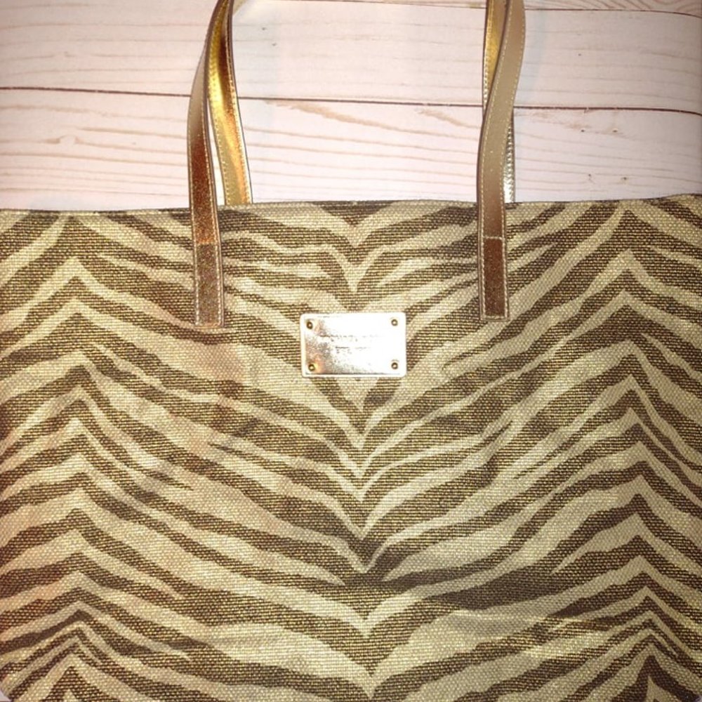 Michael kors gold zebra print canvas tote